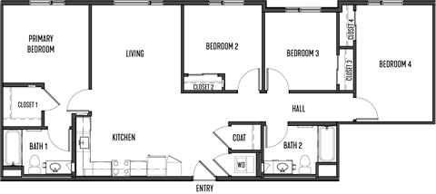 Floor plan for 4 beds, 2 baths, 1276 sqft